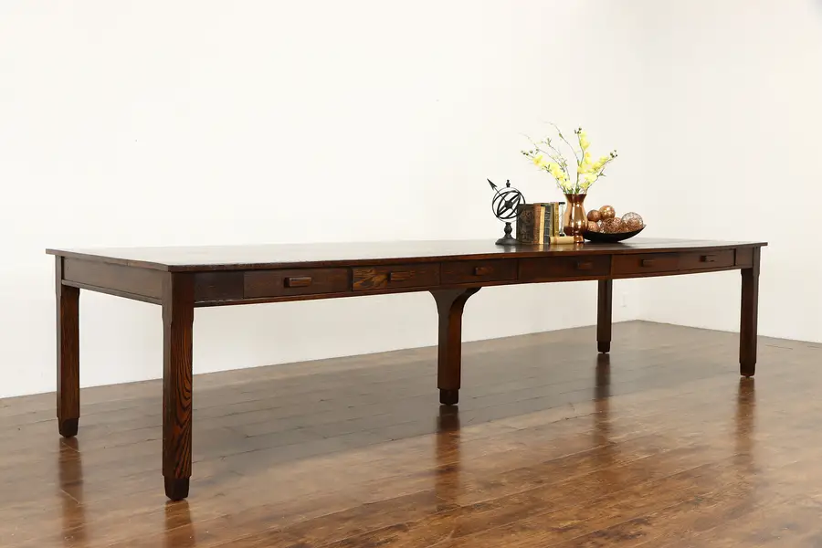 Photo of Craftsman Farmhouse Oak Antique 12' Dining, Conference, Library Table