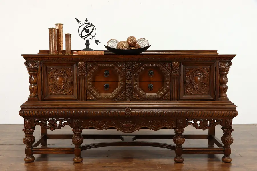 Photo of Renaissance Oak Antique Sideboard Server, Buffet Grape & Crest Carved