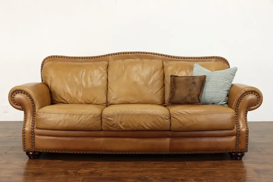 Photo of Large Brown Vintage Natural Leather Sofa, Brass Nailhead Trim
