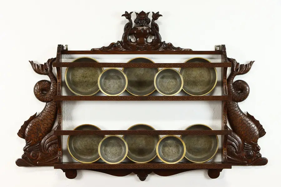 Photo of Mermaid & Dolphins Antique Carved Oak Dutch Plate Rack Shelf