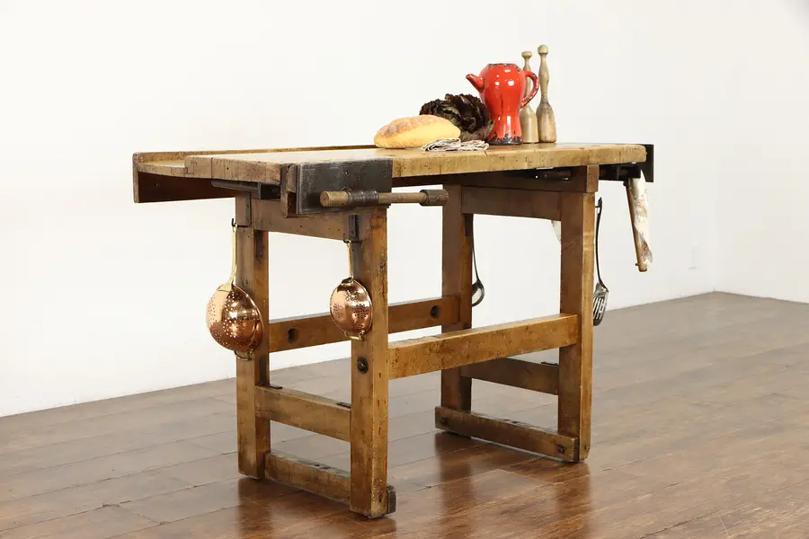 Photo of Industrial Salvage Antique Workbench, Kitchen Island, Wine & Cheese Table