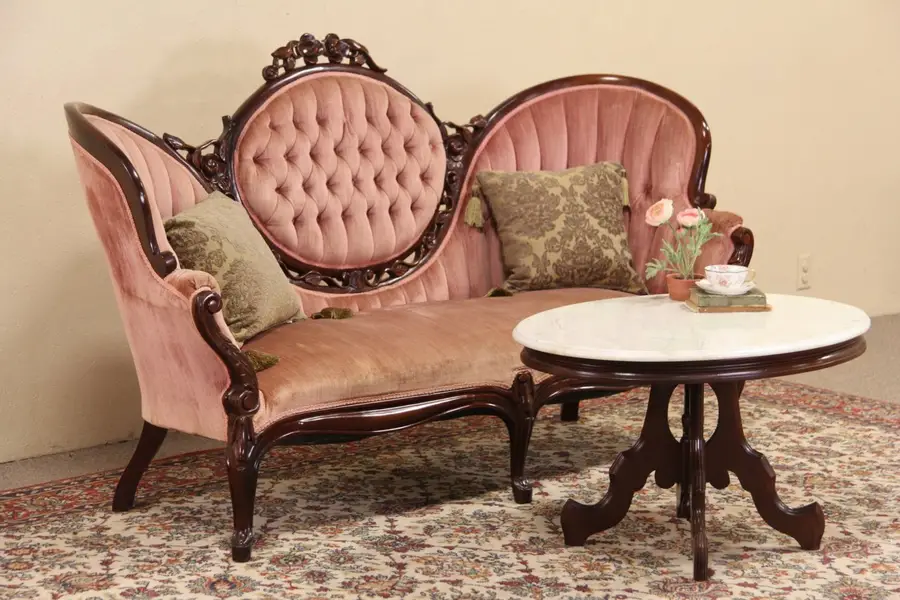 Photo of Victorian Style Vintage Rose Carved Loveseat, Velvet