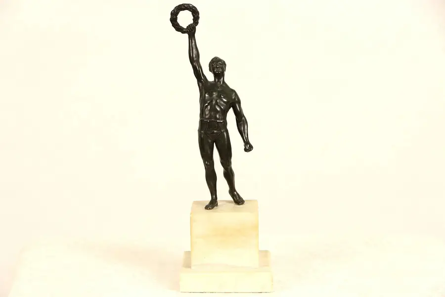 Photo of Bronze Sculpture, Olympic Athlete with Laurel Victory Wreath, Marble Base