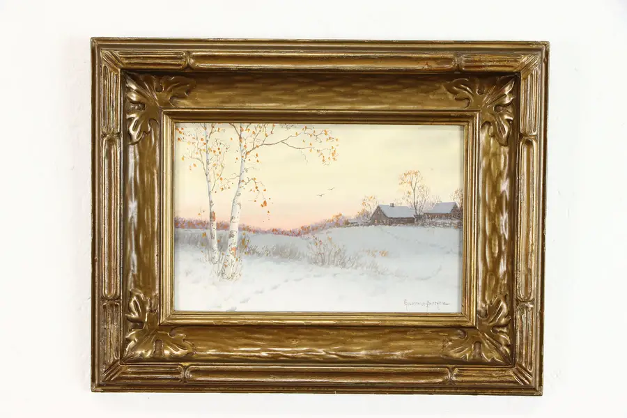 Photo of Snow Scene with Farm Original Antique Watercolor Painting, Sether 16.5"