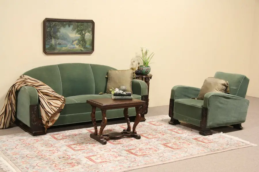 Photo of Art Deco 1940 Original Mohair Upholstered Sofa Set with Chair