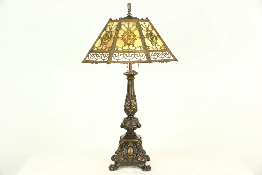 Photo of Stained Glass Shade 1915 Antique Lamp, Carved Hand Painted Base