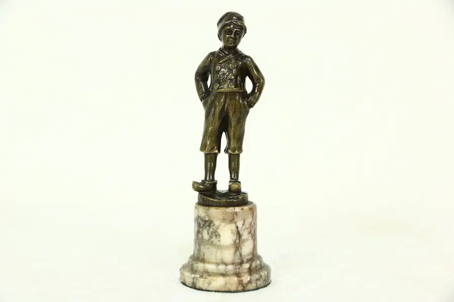 Photo of Bronze Antique Sculpture of a Boy wearing Wooden Shoes, Marble Base