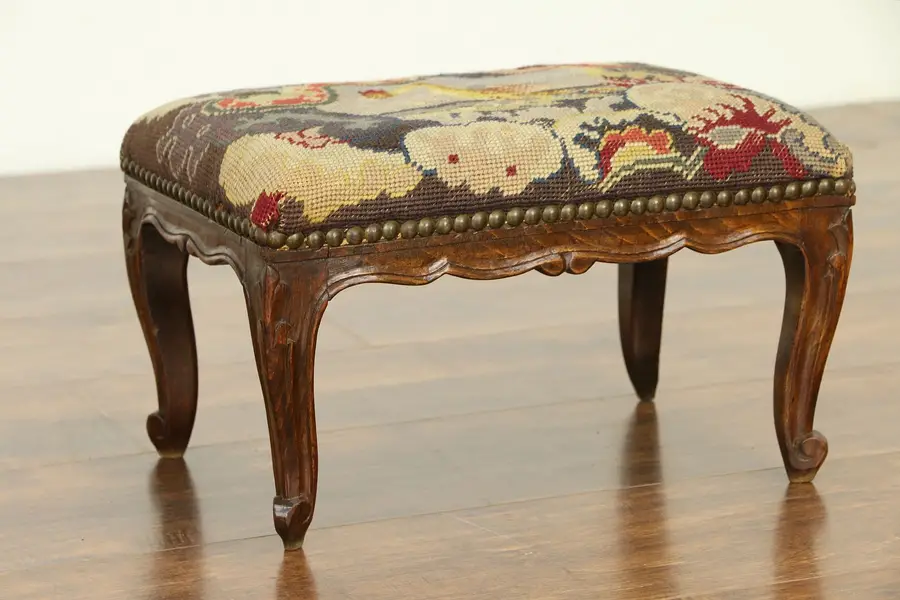 Photo of French Antique Hand Carved Footstool, Old Needlepoint Upholstery, Colby
