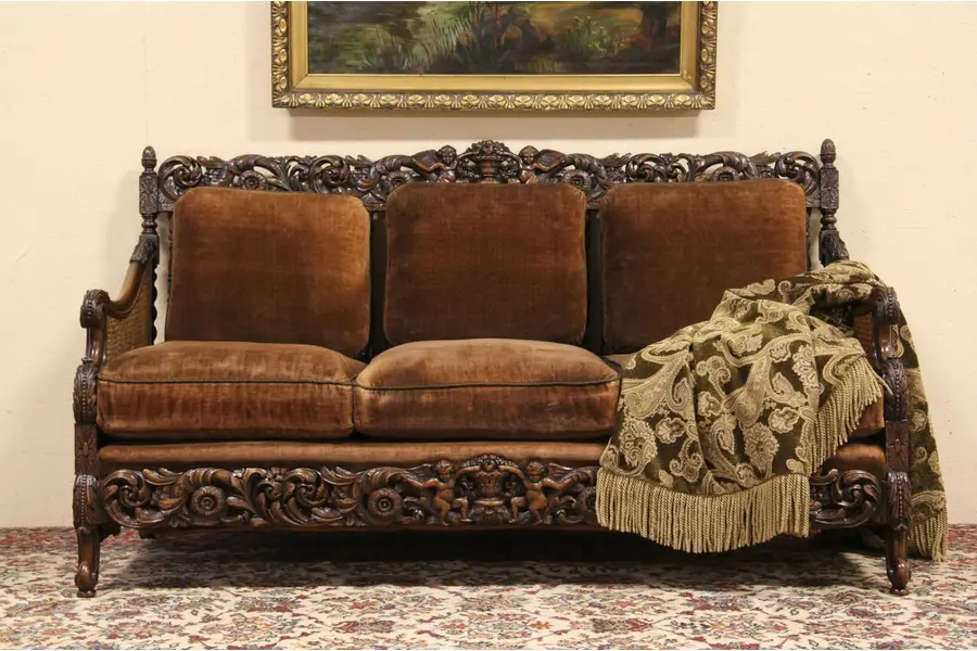 Photo of Carved Angels Antique Velvet 1920's Sofa