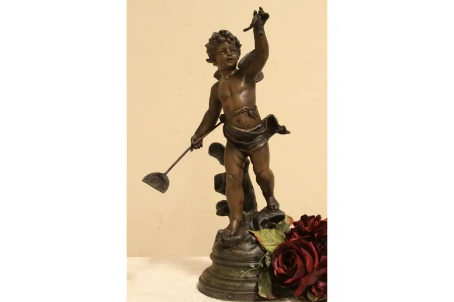 Photo of Cherub Fishing "Peche" Signed French Sculpture 1900 Antique Statue