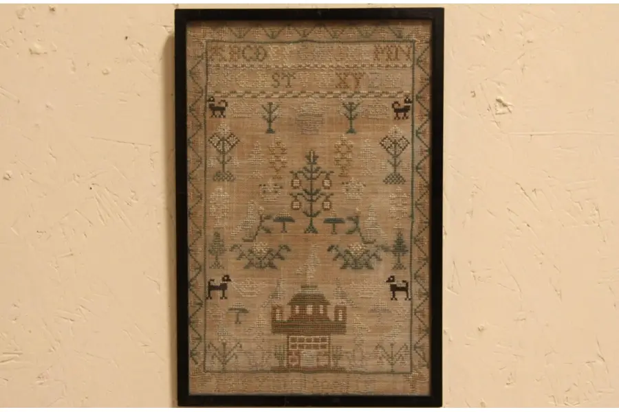 Photo of Dogs & Flowers Needlework Sampler, Signed Age 12, early