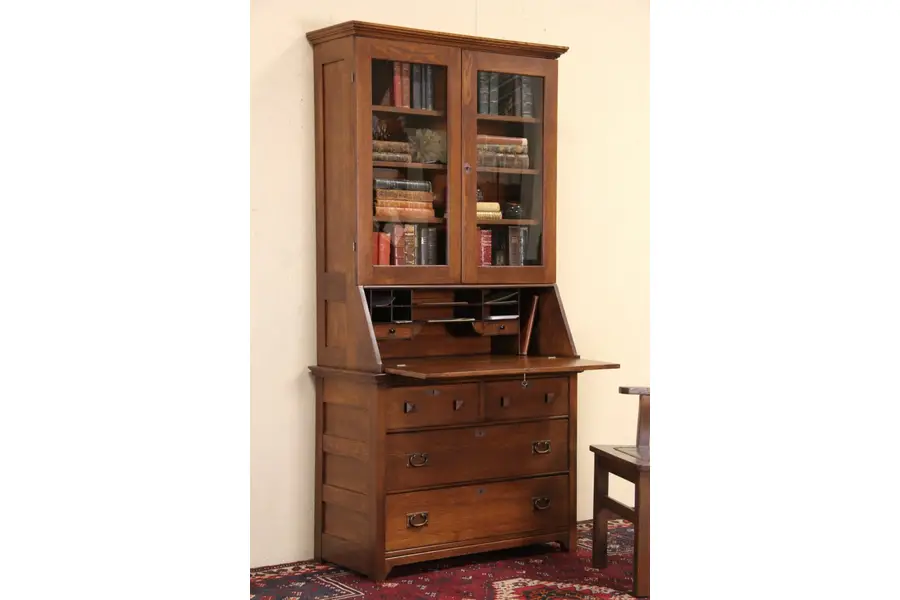 Photo of Oak 1900 Antique Secretary Desk & Bookcase, Glass Doors