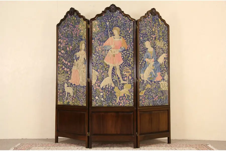 Photo of Renaissance Tapestry Antique English 1900 Folding Screen, Carved Walnut