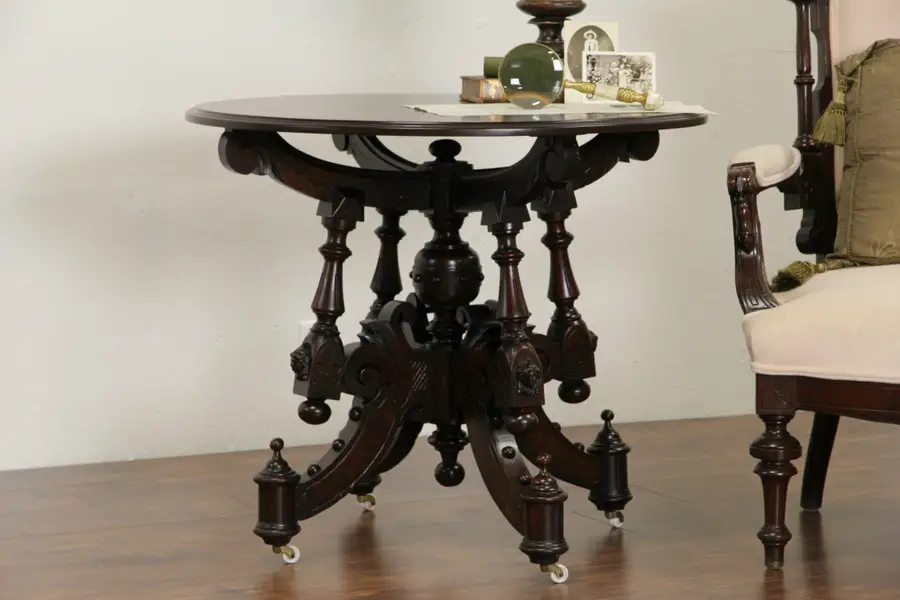 Photo of Victorian Renaissance Round 1860's Antique Carved Walnut Parlor Lamp Table