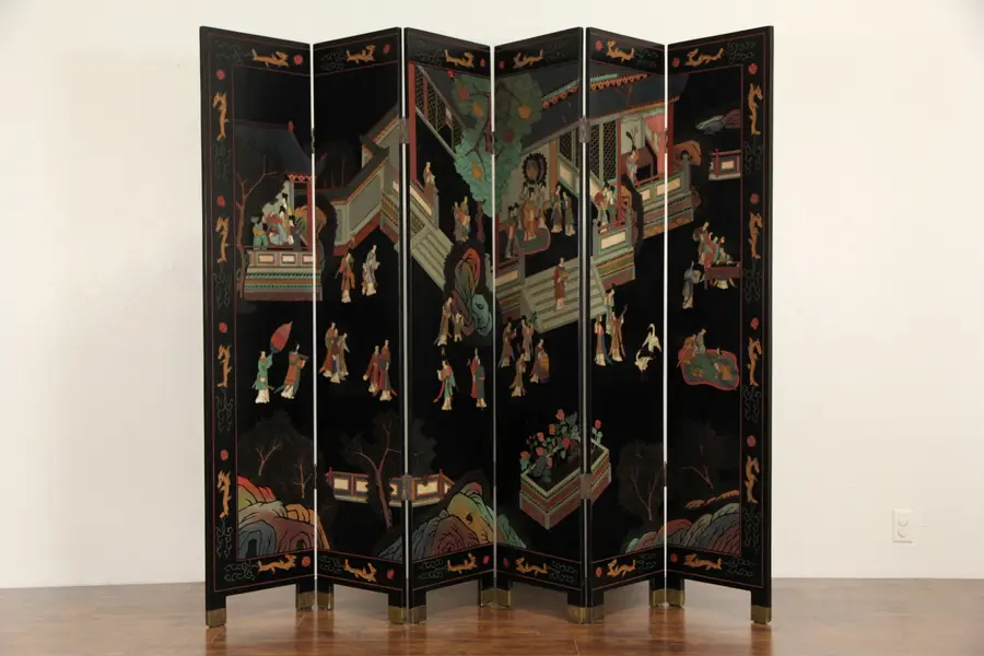 Photo of Chinese Coromandel Hand Painted Lacquer Vintage 6 Panel Screen
