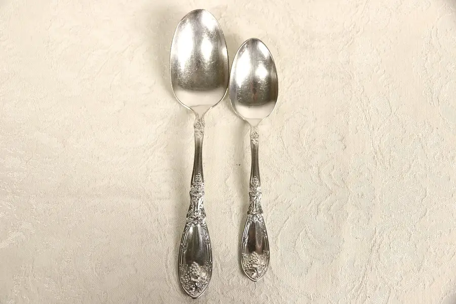 Photo of Pair of Rogers 1900's Antique Silverplate Grape Motif Serving and Tea Spoons