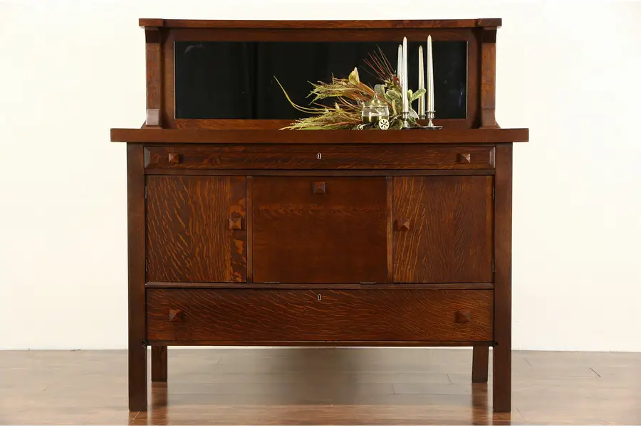 Photo of Arts & Crafts Mission Oak 1905 Antique Sideboard Server or Buffet, Mirror