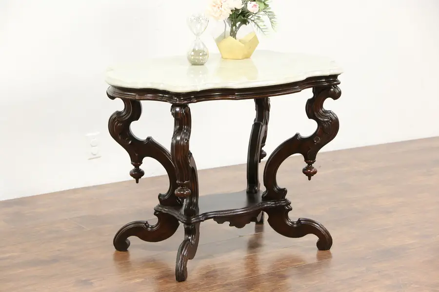 Photo of Victorian 1860 Antique Marble Turtle Top Carved Walnut Lamp Table