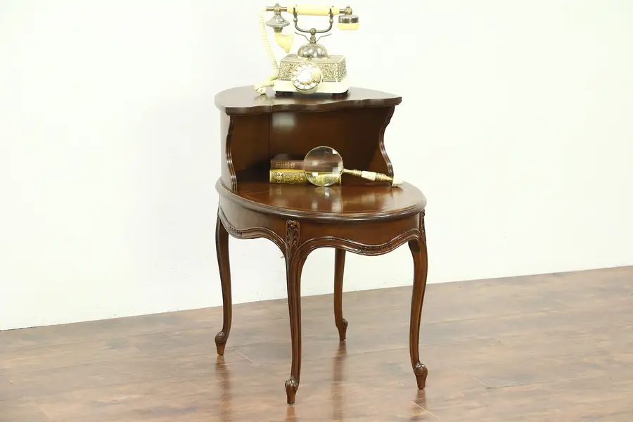 Photo of Oval Carved Vintage Lamp or End Table, Tooled Leather