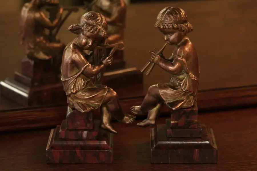 Photo of Bronze Musical Antique Putti Harp Sculptures Pair