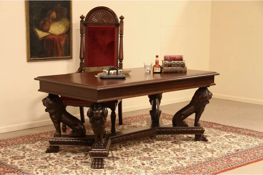 Photo of Library Table Writing Desk Carved Lions