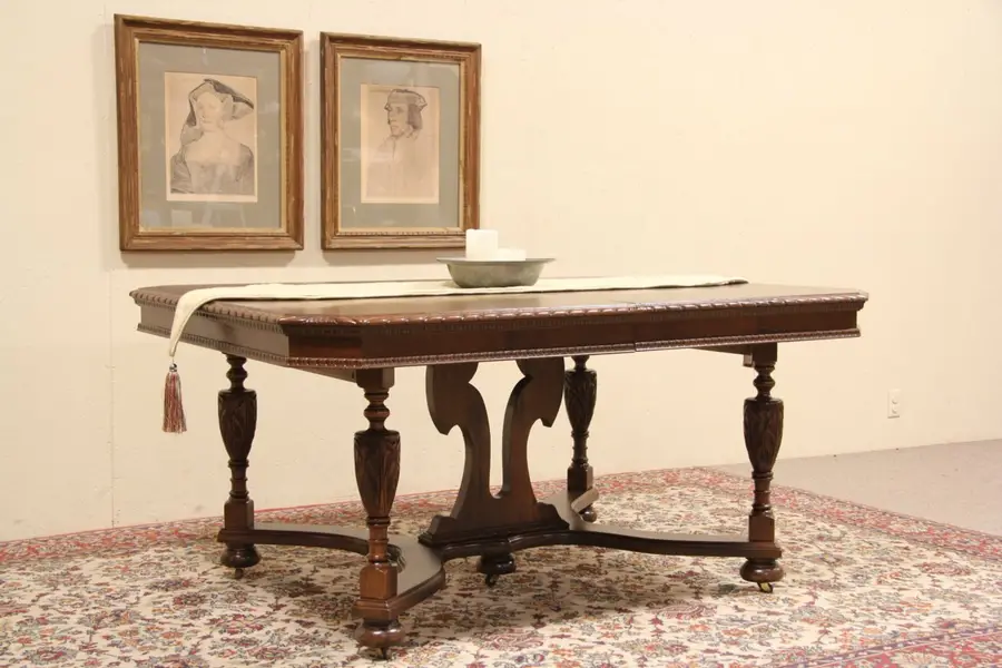Photo of English Tudor 1925 Carved Dining Table, 3 Leaves