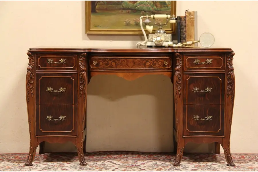 Photo of Carved Marquetry 1930's Joerns signed Desk or Vanity