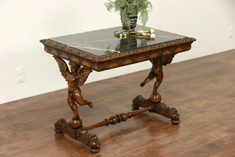 Photo of Italian 1920's Antique Coffee Table, Carved Angels or Cherubs, Black Marble