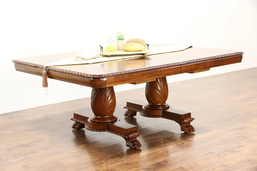 Photo of Empire Antique 1915 Hand Carved Dining Table, 4 Leaves, Extends 10'