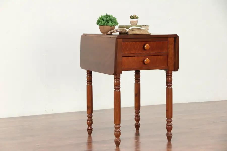 Photo of Cherry & Curly Maple Antique Pembroke Drop Leaf Lamp Table or Nightstand