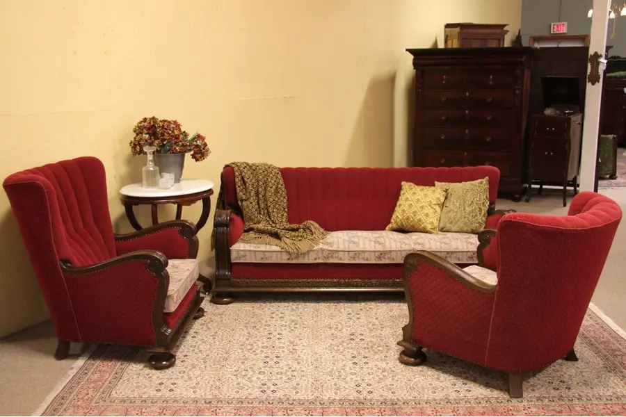 Photo of Art Deco Set, Carved Oak Sofa and 2 Armchairs