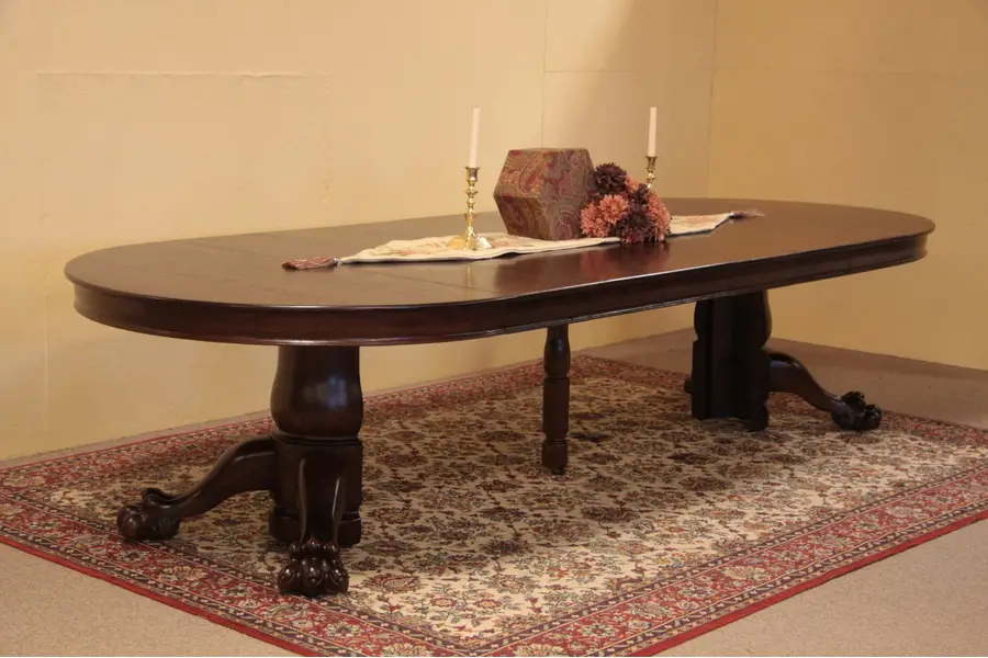 Photo of Round Antique 54" Oak Dining Table, Lion Paw Feet