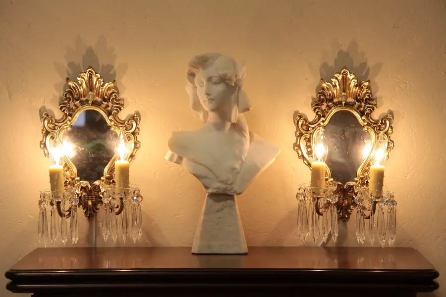 Photo of Pair Brass & Crystal Mirrored Wall Sconces