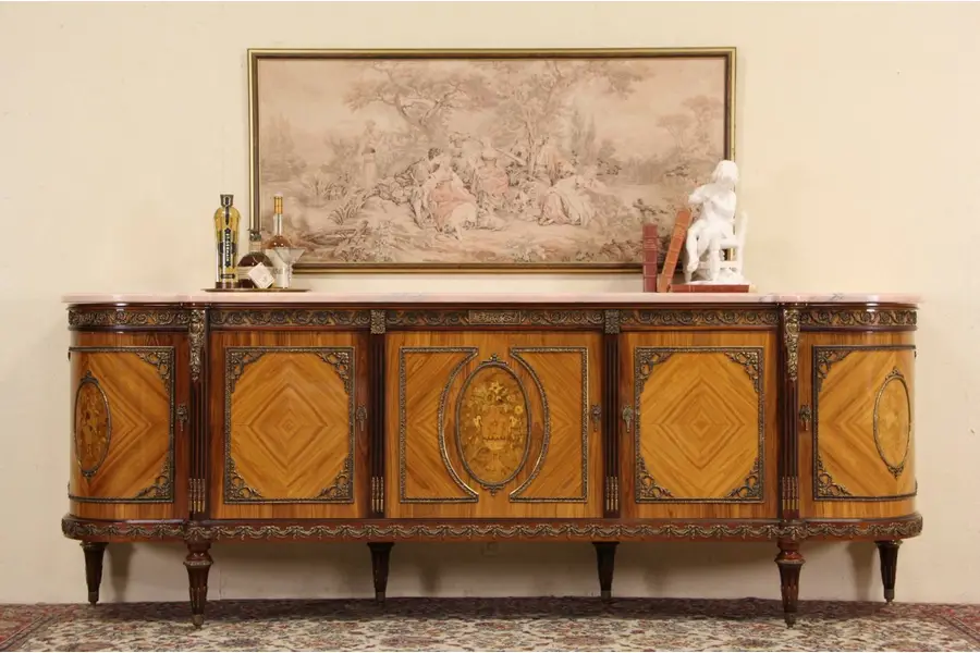 Photo of French 1940's Vintage Marble Top 8' 9" Sideboard & Bar Cabinet