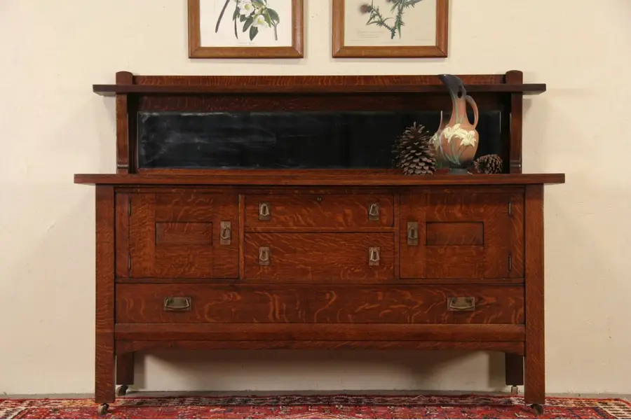 Photo of Arts & Crafts Mission Oak 1905 Antique Sideboard or Buffet, Beveled Mirror