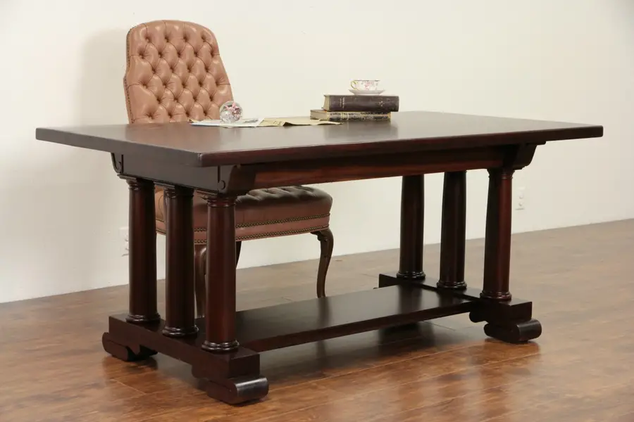 Photo of Empire 1900 Antique Mahogany Library or Hall Table, Writing Desk, 6 Columns