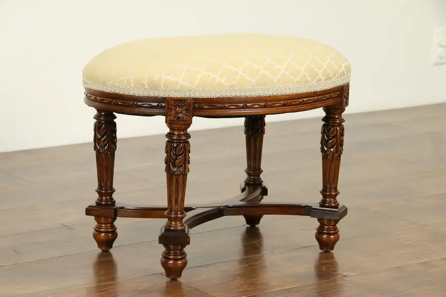 Photo of French Style Oval Carved Walnut Antique Footstool or Bench