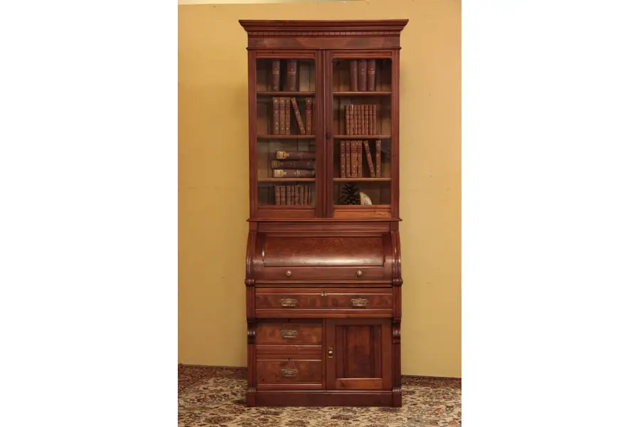 Photo of Victorian Cylinder Roll Secretary Desk, Bookcase Top