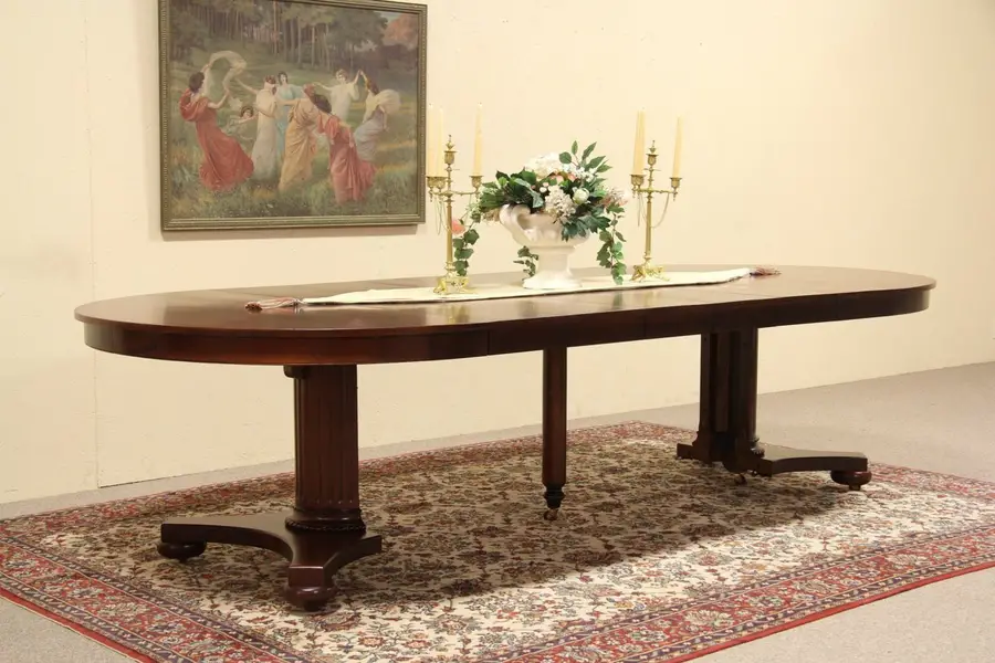 Photo of Round 54" Mahogany 1900 Antique Dining Table, Extends 10'