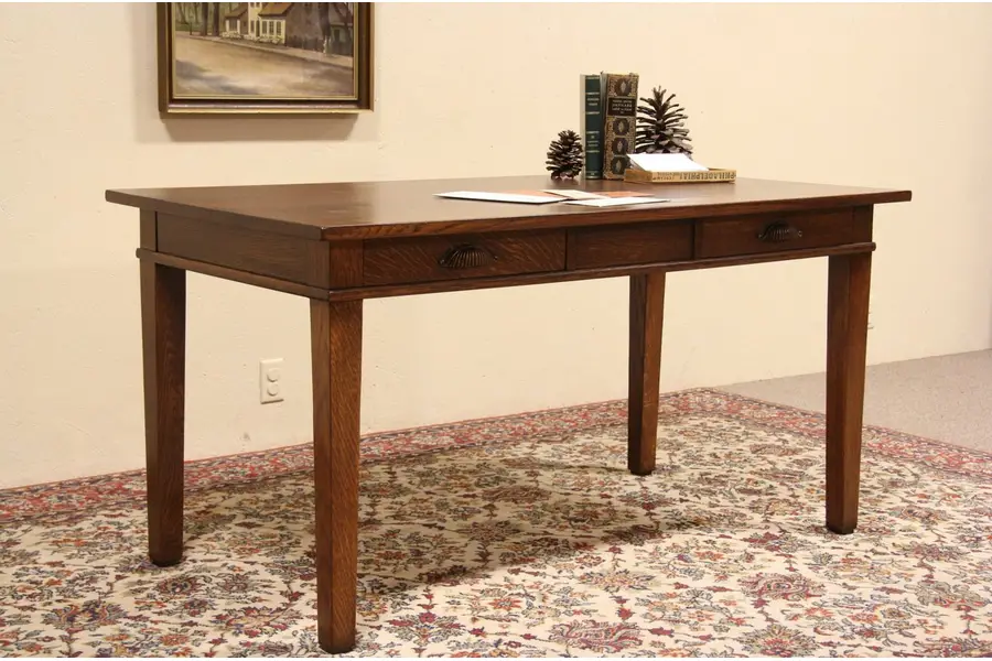Photo of Oak 1900 Antique Library Table Writing Desk