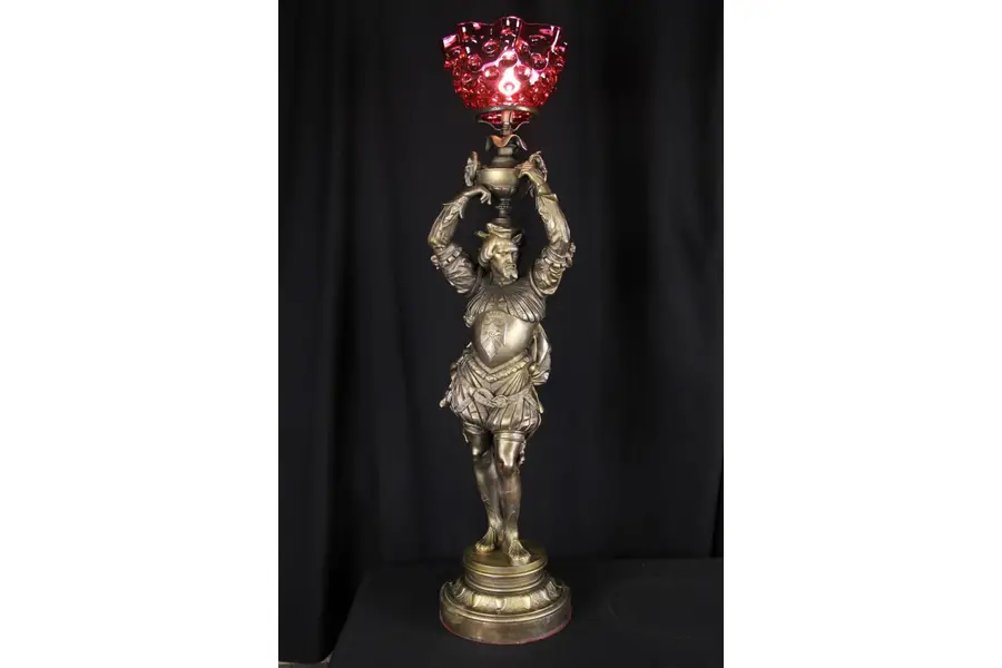 Photo of Victorian Renaissance 1880 Antique Newel Post Light, Cranberry Shade