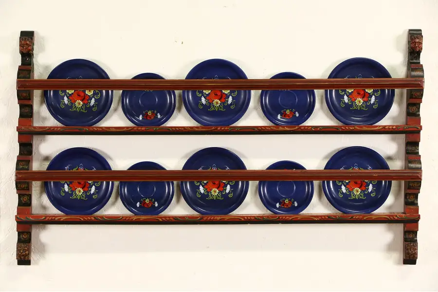 Photo of Tyrolean Austria Folk Art Carved & Painted Faces Antique 1900's Plate Rack