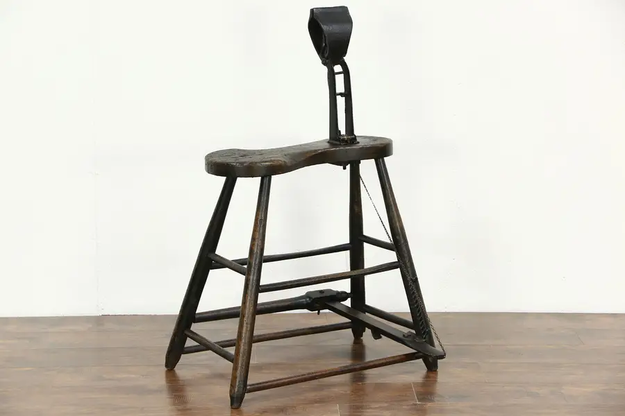 Photo of Harness or Horse Saddle Maker, Antique Saddler Leather Work Bench