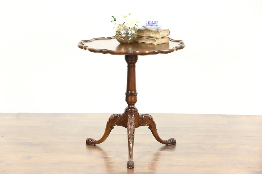 Photo of Georgian Chippendale Vintage Mahogany Piecrust Tea or Lamp Table Signed Imperial