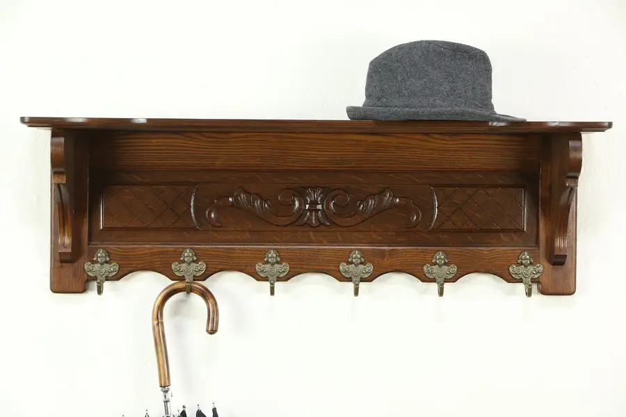 Photo of Dutch Carved Oak Vintage Wall Shelf, Face Coat, Hat or Key Hooks