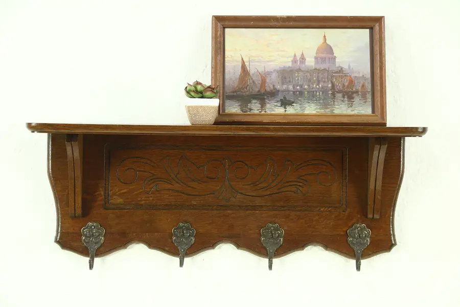 Photo of Oak Carved Vintage Wall Shelf, Dutch Face Hooks, Holland