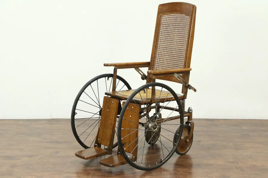 Photo of Oak Antique 1920 Wheelchair, Wire Wheels, Adjustable Feet & Back