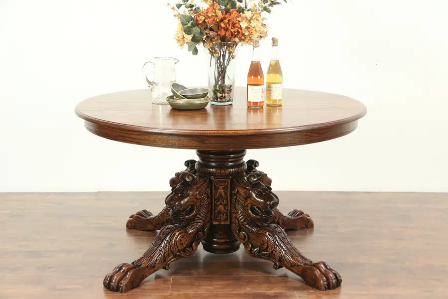 Photo of Oak Round 55" Vintage Dining Table, Carved Lion Heads & Paws