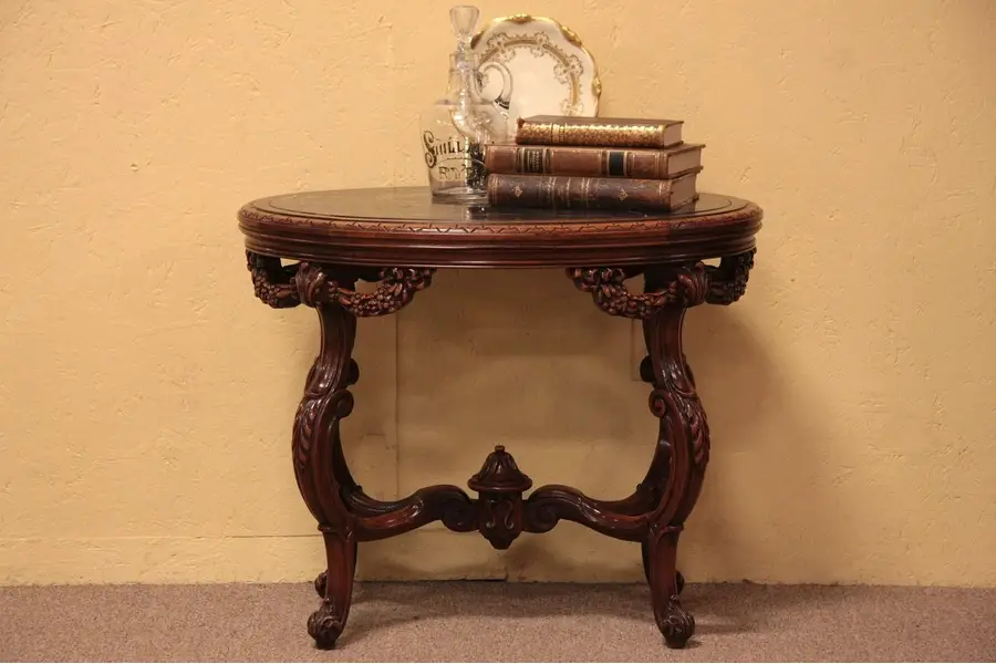 Photo of Carved Coffee or Chairside Table, Black Marble Top