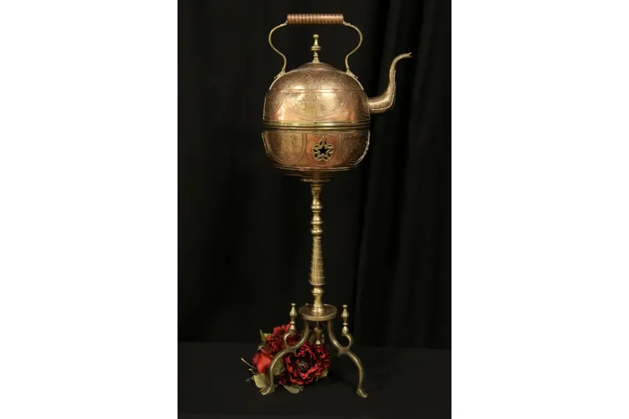 Photo of Turkish Wrought Copper & Brass Antique Tea Kettle on Stand